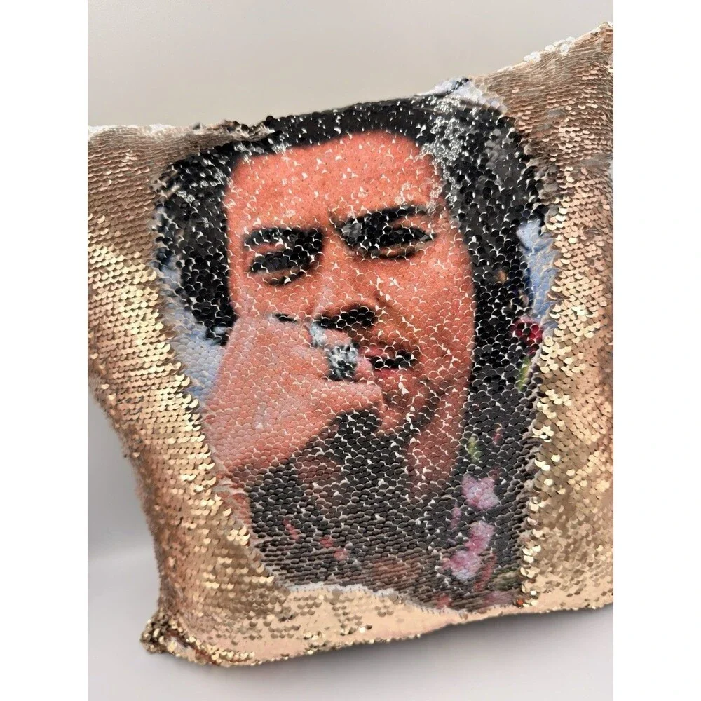 Harry Styles Flip Sequin Throw Pillow 14x14 Zippered Gold Accent Cushion